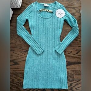Princess Polly Teal Ribbed Knit Dress with Chain Detail NWT